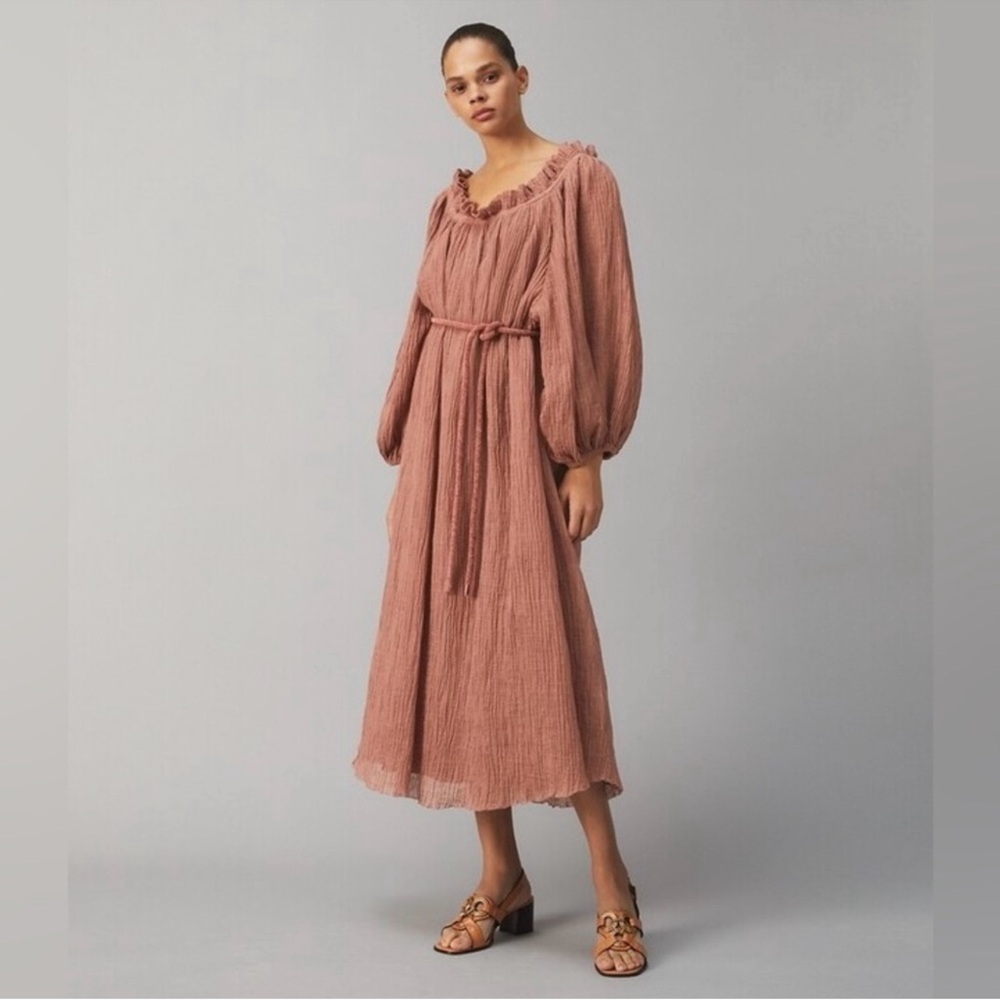 $498 Tory Burch Ruffle Neck Dress in Wood Rose